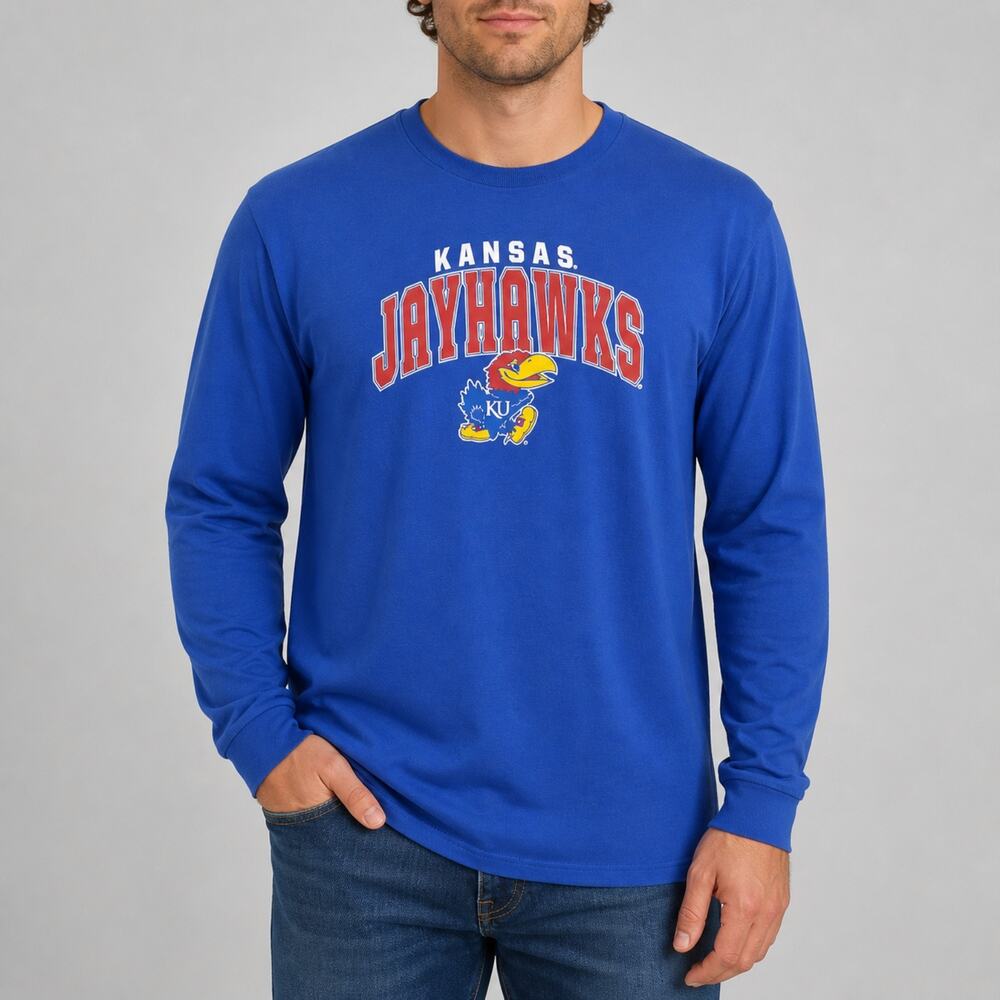 Fanatics Kansas Jayhawks T-Shirt Mens Large Blue Cotton Long Sleeve Crew Neck